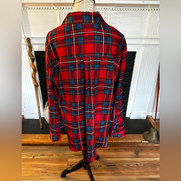Express Portofino Slim Plaid Blouse Sz XL Red Blue Green Roll Tab Sleeves Tartan - Picture 2 of 13